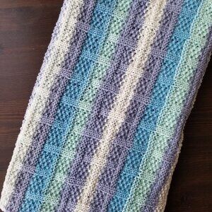 Hand Knit Blanket in Blue, Mint, and White